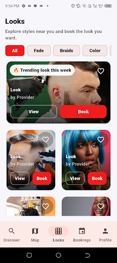Crown and Comb Looks screen showing style categories, trending looks and booking cards