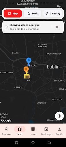 Crown and Comb map screen showing nearby salons and provider pins in Lublin