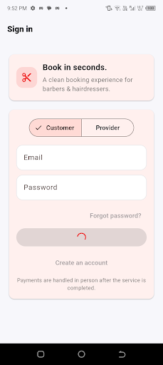 Crown and Comb sign in screen with Customer and Provider account selection