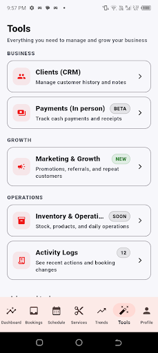 Crown and Comb provider tools screen showing CRM, payments, marketing, inventory and activity logs